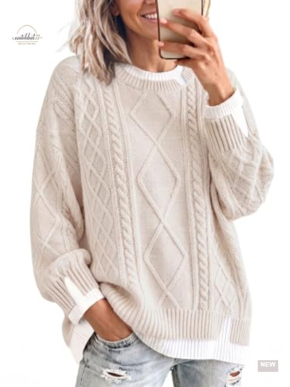 Oversized Cable Knit Sweater Chunky Crewneck Pullover Fall Winter Outfit